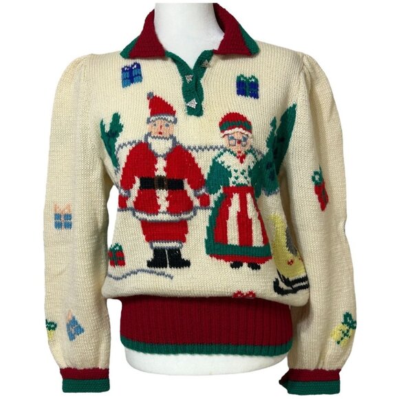 berek Sweaters - Vintage 80s Berek Collared Christmas Sweater Hand-Knit 100% Wool - Size Medium